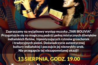 Zapraszamy na wyjątkowy koncert indiańskiego wokalisty TARI BOLVIA, który odbędzie się 13 sierpnia 2024 roku(wtorek) o godz 19.00 na terenie Ośrodka Wypoczynkowego „Pod Skamieniałym Miastem”