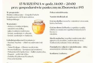 Zapraszamy na Miodobranie na ściernisku. Impreza odbędzie się 15 września 2024 przy Gospodarstwie Pasiecznym Pszczela Kuźnia w Zborowicach 195